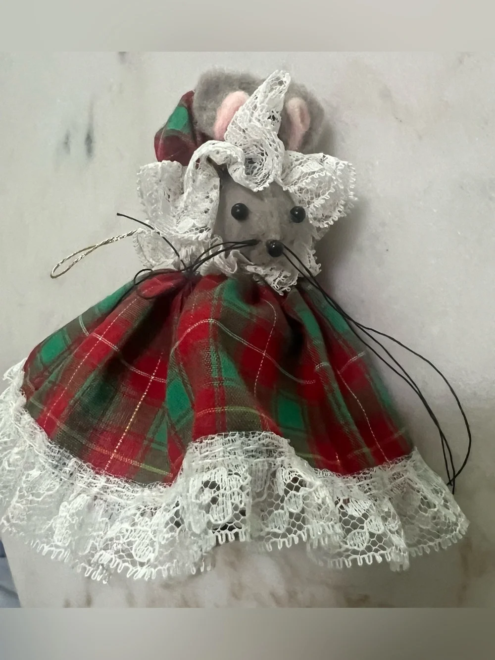 Vintage Cloth Christmas Mouse Plaid Dress & Hat Holiday Decor Ornament